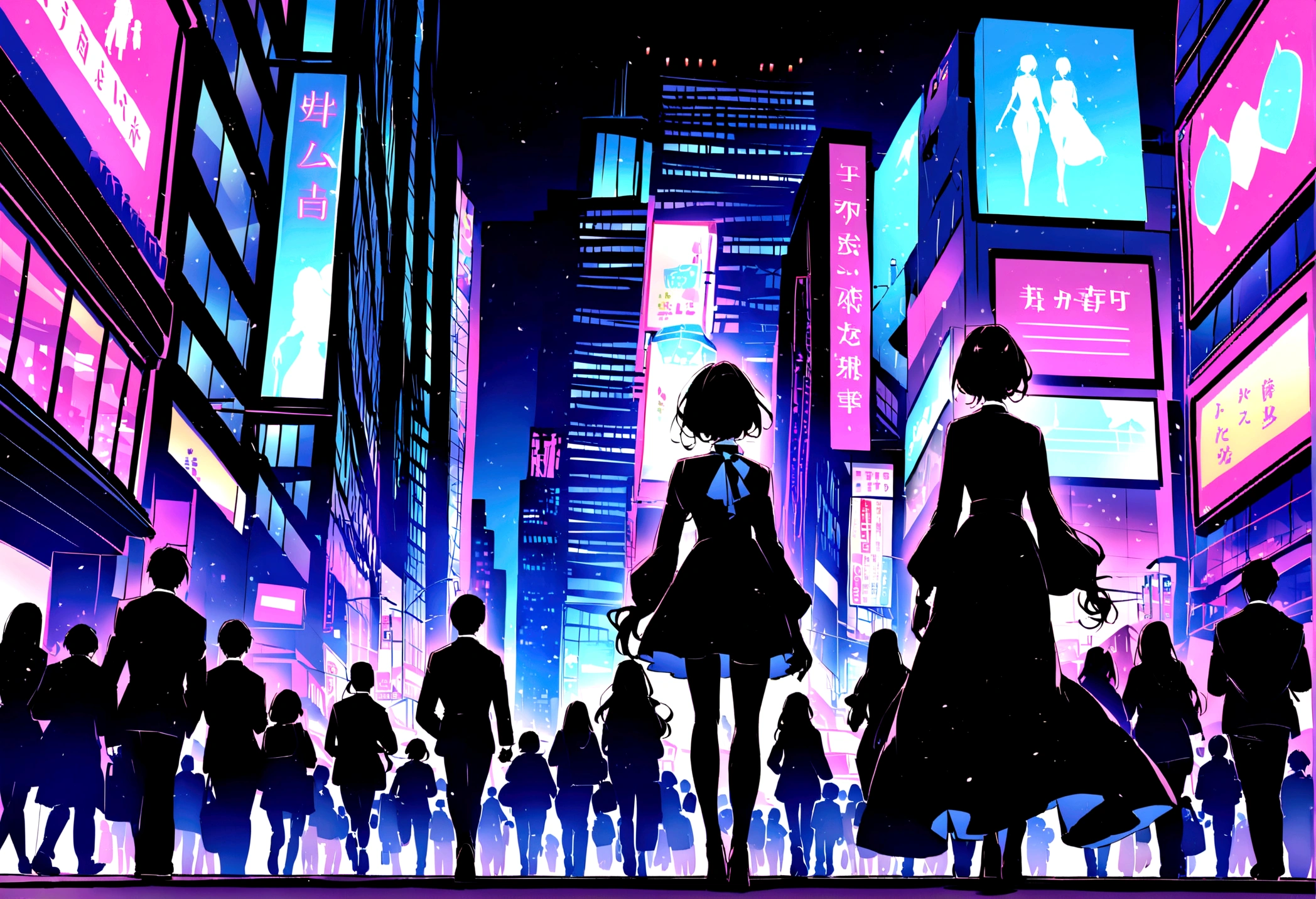 A dark-haired girl named Akira with long black hair and red eyes, wearing a black dress, walking to work in a bustling, modern futuristic city. The city is alive with activity, with people rushing by, cars and buses moving, and tall skyscrapers surrounding her. The atmosphere is urban and vibrant, with neon lights and holographic billboards, contrasting with Akira's calm and mysterious presence. The background includes bright city lights, advanced technology, and street vendors, emphasizing the busy city life. The tone should be in a dark art style similar to 'Death Note,' 'Tokyo Ghoul,' and 'Black Butler.