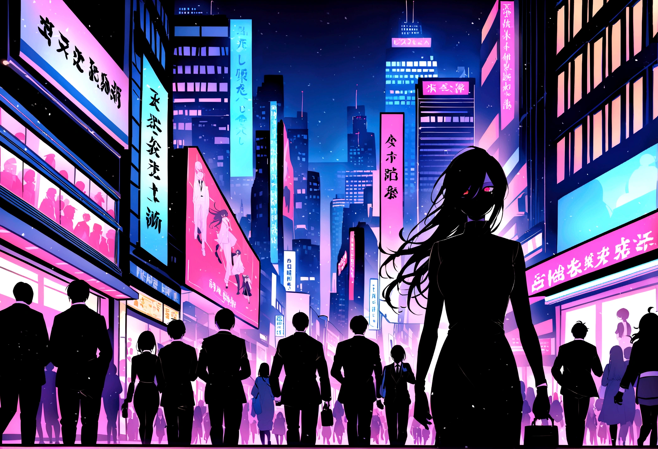 A dark-haired girl named Akira with long black hair and red eyes, wearing a black dress, walking to work in a bustling, modern futuristic city. The city is alive with activity, with people rushing by, cars and buses moving, and tall skyscrapers surrounding her. The atmosphere is urban and vibrant, with neon lights and holographic billboards, contrasting with Akira's calm and mysterious presence. The background includes bright city lights, advanced technology, and street vendors, emphasizing the busy city life. The tone should be in a dark art style similar to 'Death Note,' 'Tokyo Ghoul,' and 'Black Butler.