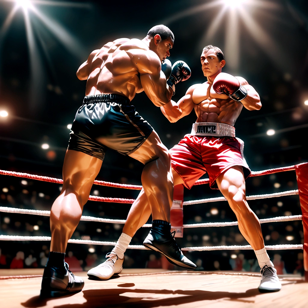 Highest quality,Super detailed,Realistic,photograph,Studio Lighting,Vibrant colors,Sharp focus,Physically Based Rendering,Bokeh,Boxing Ring,Energetic Background,Thick and durable boxing gloves,Powerful punch,Agile Movement,Strong and fit physique,Sweat dripping,Shining muscles,Perseverance and determination,Major impact,Fast-paced action,Ringside audience,An exciting atmosphere,Intensive training regime,Perseverance and dedication,Professional athletes,Competitive,Winning Mindset,Fierce competition,Boxing match,Excited state,Gritty Determination,Precision and Technology,Graceful Footwork,Boxing coach instruction,Cornerman Support,Boxing career,Boxing Championship,Title Belt,Dream of becoming a boxing champion,Boxing Legacy