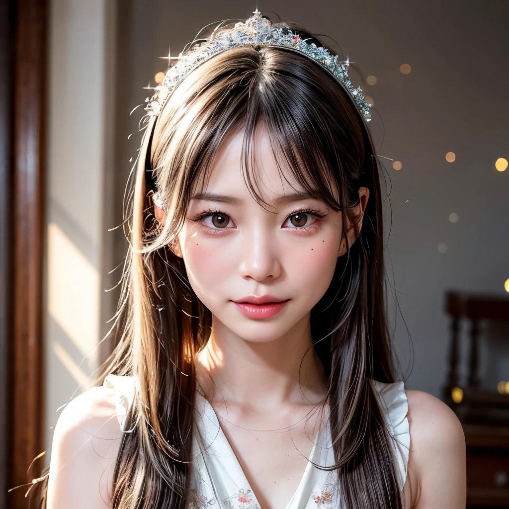 , 8k, High-level, absurd, masterpiece, best quality, primitive, very detailed CG, very detailed wallpaper, perfect lighting, Extremely detailed (((The personifying " ルーシーリュー " as a Little Girl))), MysticSight, Tyndall effect, Tyndall scattering, Studio gray background with (many Dazzling RainbowColor particles BokeH:1.28), (RoundlyButts, ThighGap), (:0.4), ( with looking ahead), BREAK (NOGIZAKA face variations) Extremely Detailed very KAWAII face variations, perfect , Childish, captivating gaze, elaborate detailed Eyes with (sparkling highlights:1.28), long eyelashes、Glossy RED Lips with beautiful details, Coquettish tongue, Rosy cheeks, Radiant PearlSkin with clear transparency . { (Dynamic LifeLike expressions:1.4) | :d) }, (large eyes:-1) .