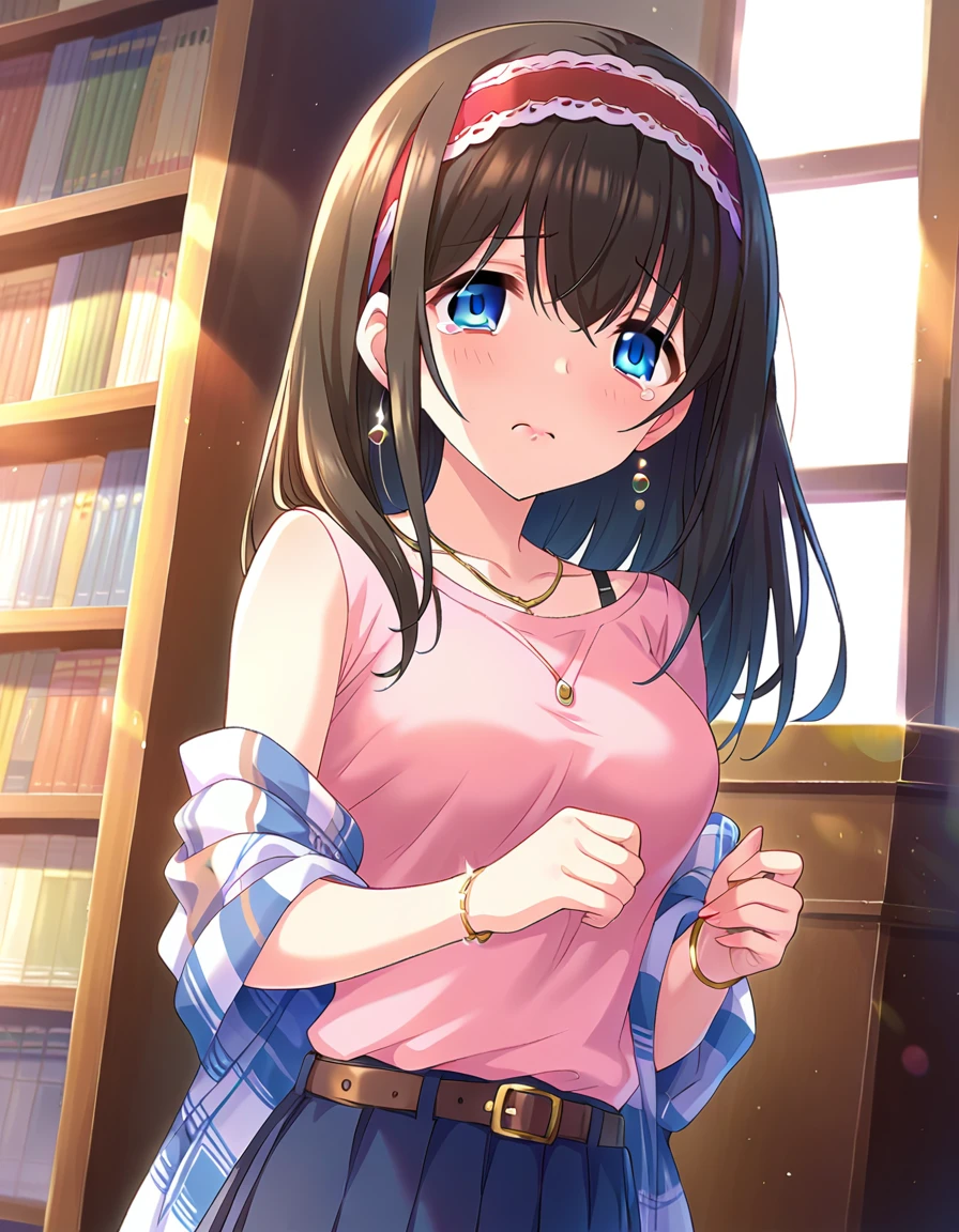 nsfw, score_9, score_8_superior, score_7_superior, sauce_anime,
One girl, Cute Woman, alone, shy,　crying , scared, ,1 boy, a boy is grabbing girl’s breasts from behind
屋内, library, sunlight, window,  Bookshelf, 
 sgswfmk, Long Hair, Brown Hair, Black Hair, Long bangs, (目のsuperiorの髪:1.1), blue eyes, Large Breasts, 
Red Hairband,
lipstick, Fine grain, eyelash, eyeliner, jewelry, necklace, bracelet, Earrings, 
Casual Dresses,  sweater,  Off the shoulder, clavicle,  Long sleeve, Pleated skirt, belt, pantyhose,  Checked shawl,