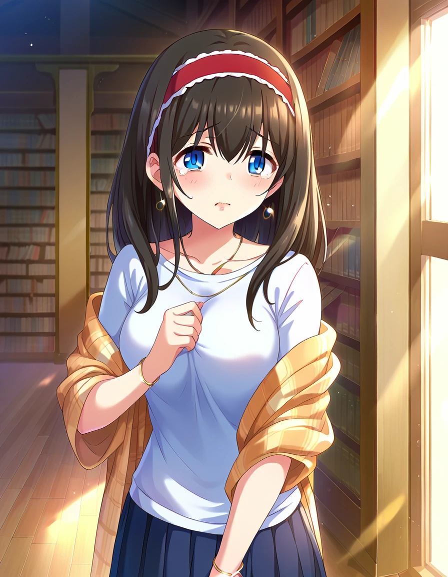 nsfw, score_9, score_8_superior, score_7_superior, sauce_anime,
One girl, Cute Woman, alone, shy,　crying , scared, ,1 boy, a boy is grabbing girl’s breasts from behind
屋内, library, sunlight, window,  Bookshelf, 
 sgswfmk, Long Hair, Brown Hair, Black Hair, Long bangs, (目のsuperiorの髪:1.1), blue eyes, Large Breasts, 
Red Hairband,
lipstick, Fine grain, eyelash, eyeliner, jewelry, necklace, bracelet, Earrings, 
Casual Dresses,  sweater,  Off the shoulder, clavicle,  Long sleeve, Pleated skirt, belt, pantyhose,  Checked shawl,