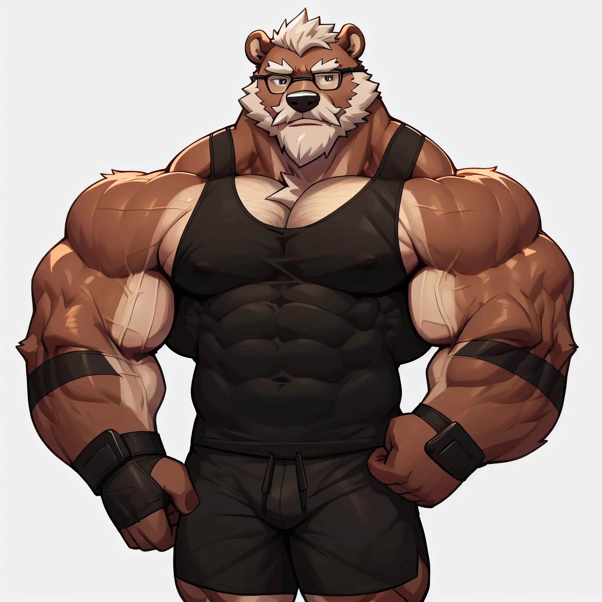 solo, 1boy, Huge Muscular Old Grizzly Bear wearing glasses , pectoral, huge pectoral, wide pectoral, short white hair, short pants, black wristbands and black tank top , bearded, Mustache, simple background, masterpiece, high detailed, 8k, high resolution, at the gym, flexes huge muscles