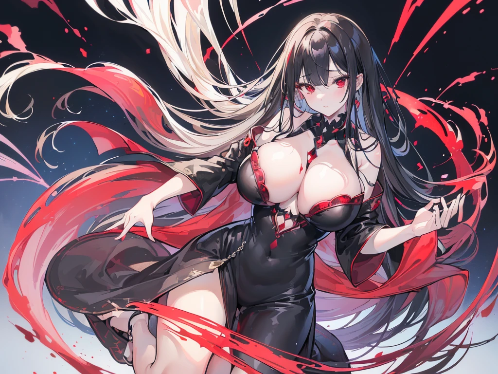 (Exquisite eyes),(Clear and beautiful eyes:1.61),masterpiece, ung girl,(Black clothes and some red gems), Black long hair, (She has a huge red gem on her chest), Good Hand,((The Havoc of StarCraft)),full-body shot,Fighting Stance,(Red Eyes:1.466),short and small,(Very big breasts:1.35),(Pretty Face),(full-body shot:1.33),Beautiful hands