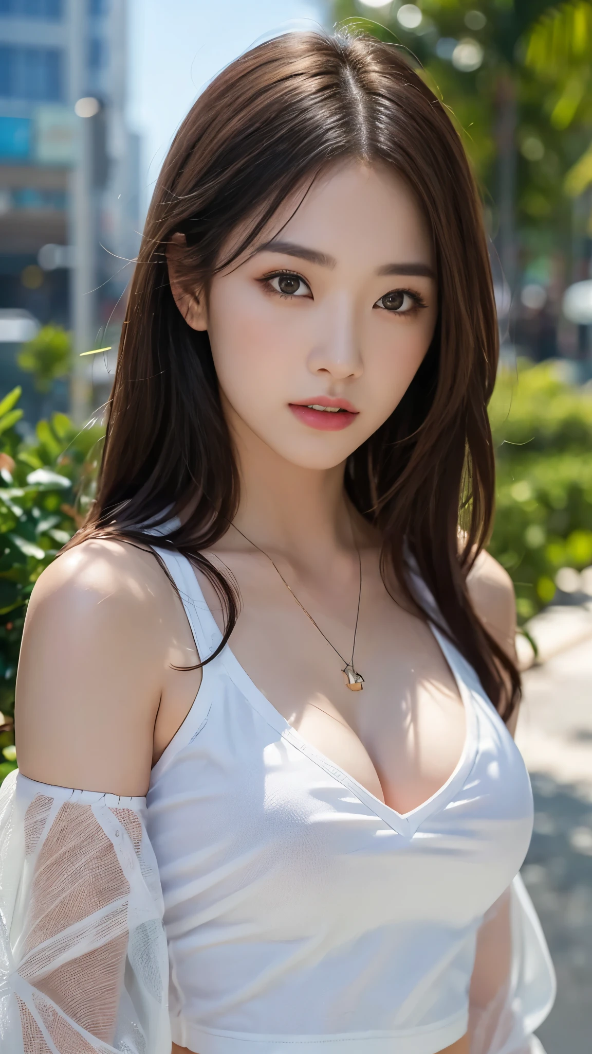 ((Realistic lighting、Highest quality、8K、Masterpiece:1.3))、Clear focus:1.2、 girl、Perfect Body Beauty:1.4、Slim Abs:1.1、whole body、((Dark brown hair、Large Breasts:1.3))、(Acceleration:1.4)、(nice、Dawn:1.1)、View of Waikiki Beach、Palm tree、Narrow Face、Beautiful Eyes、double eyelid、Fashion model posing、Floating Hair、T-Shirts、pendant、Cleavage