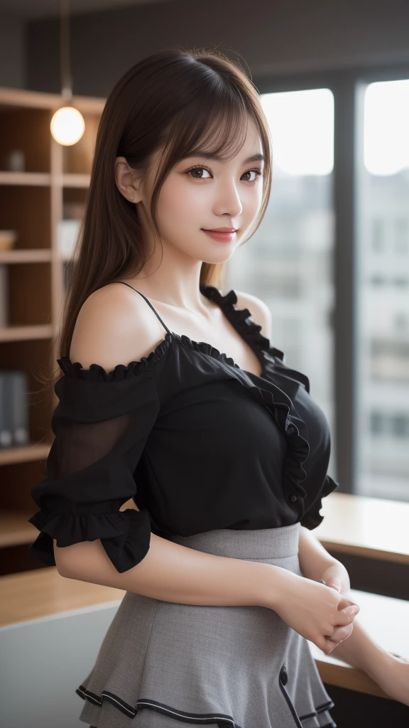 (1girl), (round eyes:1.2), (highly detailed face and eyes), smile, Amazing face and eyes, (frills shirt:1.3), (Best Quality:1.4), (Ultra-detailed), (extremely detailed CG unified 8k wallpaper), Highly detailed, High-definition raw color photos, Professional Photography, Realistic portrait, Amazing face and eyes, indoors, office, (office lady, casual, No sleeve, :1.3), (A moment of relaxation), model, depth of fields, (fine face:1.2),