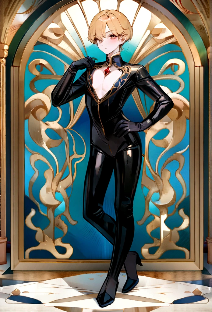 ((best qualityer, 8K, work of art: 1.4)),((incredible detail: 1.3)),((illustration: 1.2)),((high resolution: 1.1)),1 men,Cover your face with 1 playing card,Wear black gloves,One eye is exposed,Eyes shine,anime styling,wear suit,casino background,dainty,Combat posture,with short golden hair,lesbian full body,anatomically correcte,
