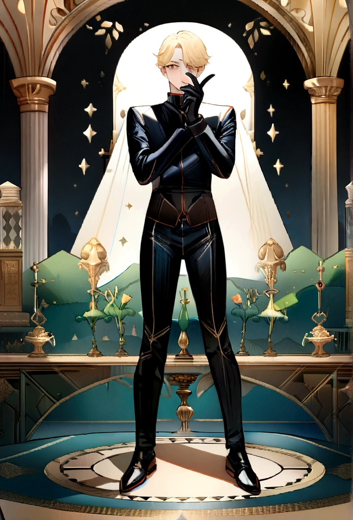 ((best qualityer, 8K, work of art: 1.4)),((incredible detail: 1.3)),((illustration: 1.2)),((high resolution: 1.1)),1 men,Cover your face with 1 playing card,Wear black gloves,One eye is exposed,Eyes shine,anime styling,wear suit,casino background,dainty,Combat posture,with short golden hair,lesbian full body,anatomically correcte,