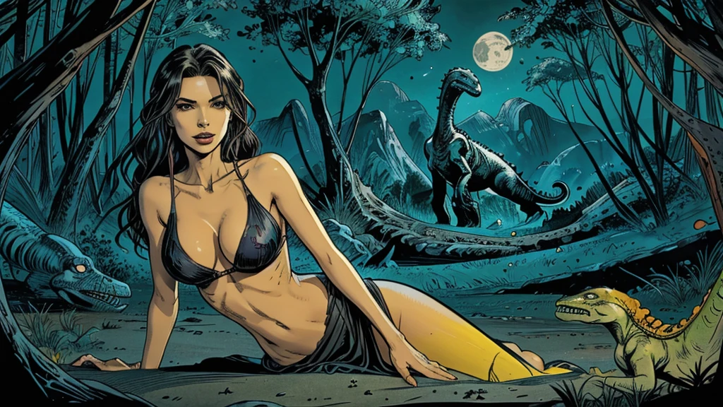 alien landscape with giant monsters, the foreground, a sexy girl with slender hips, slender hips, slender hips,medium breasts, in a long sheer gown cut in slits up to her hips, low cut between her breasts to her navel, long flowing hair, cleavage, brightly colored monsters, tentacled beasts, dinosaurs, very bright contrasting colors, bright colors, she is a goddess, a goddess,