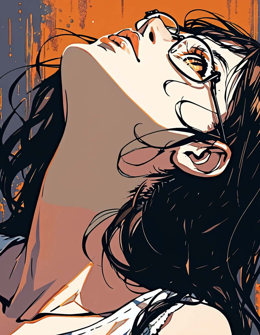 ultra-detailed:1.3, ultra delicate and detailed face:1.3, (absurdres, texture, masterpiece), oil painting, warm color, ennui, pixiv contest winner, by Posuka Demizu, dynamic manga-style illustration of slender girl with glasses, moist eyes, moist lips, head tilt, head back,
