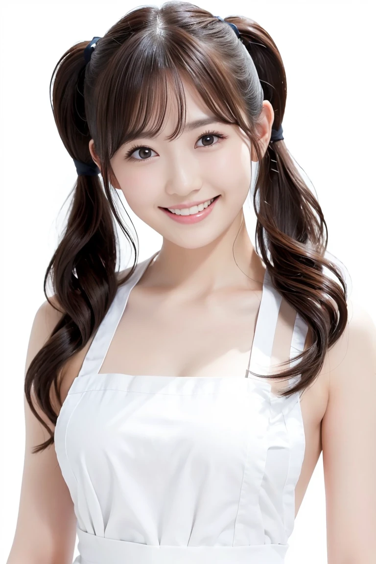 (Highest quality、Tabletop、8K、Best image quality、Award-winning works)、1. pretty girl、(wavy twin tails:1.1)、(Naked and white apron:1.2)、(The perfect pure white apron:1.3)、Perfect girl portrait photo、Glowing Skin、Brown Hair、(Large Breasts:1.3)、(Accentuate your body lines:1.1)、Standing Elegantly、(Face close-up:1.3)、Woman looking up at me、Cute Smile、(The simplest solid white background:1.5)