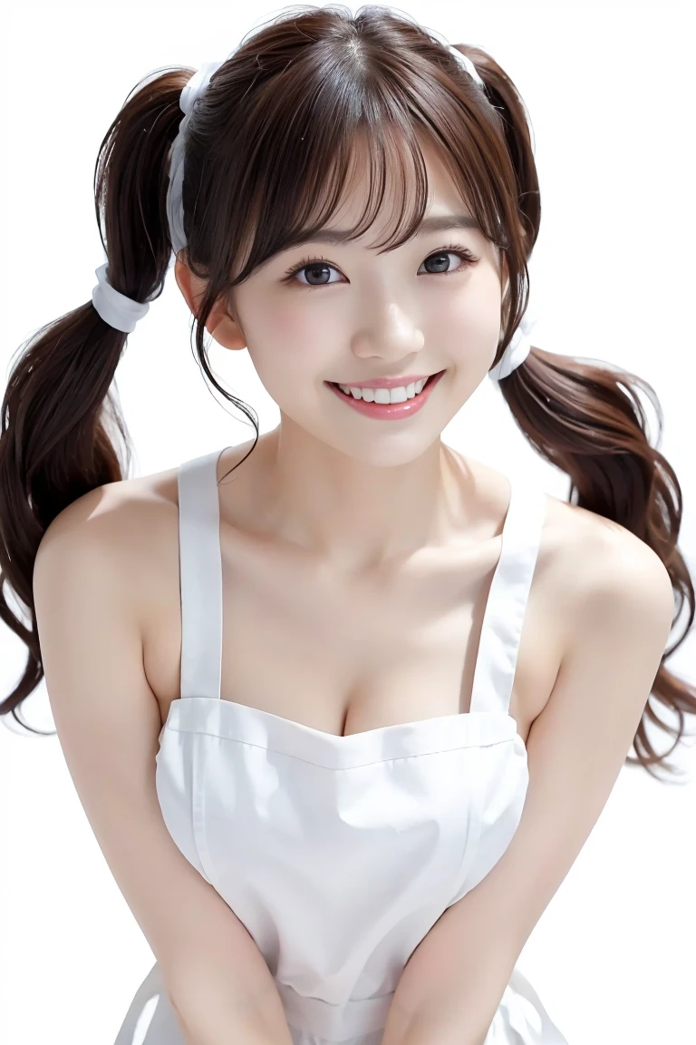 (Highest quality、Tabletop、8K、Best image quality、Award-winning works)、1. pretty girl、(wavy twin tails:1.1)、(Naked and white apron:1.2)、(The perfect pure white apron:1.3)、Perfect girl portrait photo、Glowing Skin、Brown Hair、(Large Breasts:1.3)、(Accentuate your body lines:1.1)、Standing Elegantly、(Face close-up:1.3)、Woman looking up at me、Cute Smile、(The simplest solid white background:1.5)