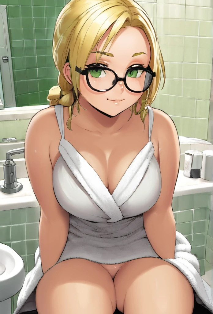chubby girl, blonde, medium length hair, open forehead, no bangs, green eyes, black square-rimmed glasses 
without clothes, white towel
bathroom