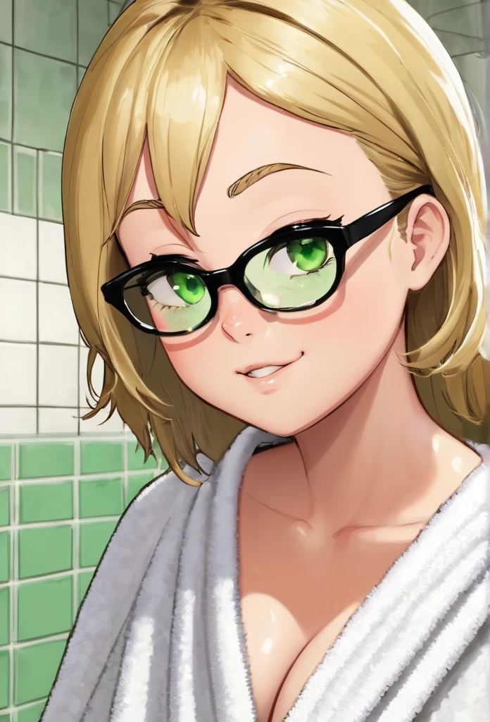 chubby girl, blonde, medium length hair, open forehead, no bangs, green eyes, black square-rimmed glasses 
without clothes, white towel
bathroom