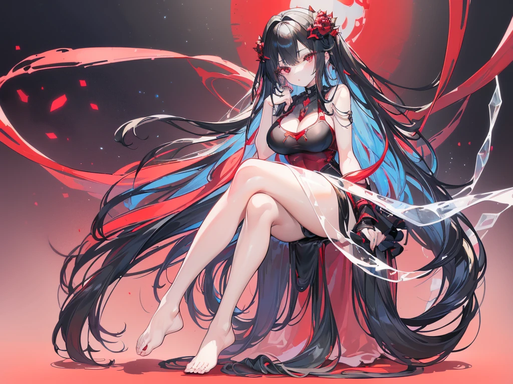 (Exquisite eyes),(Clear and beautiful eyes:1.61),masterpiece, 1 young girl,(Black clothes and some red gems), Black long hair, (She has a huge red gem on her chest), Good Hand,((The Havoc of StarCraft)),full-body shot,Fighting Stance,(Red Eyes:1.466)，short and small,(Very big breasts:1.35),(Pretty Face),(full-body shot:1.33),Beautiful hands