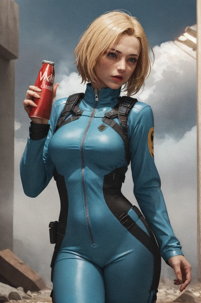 post-apocalypse, FOG, Light particles, (best qualityer, work of art, bokeh, high resolution), Precipitation 4, 1 girl, blue jumpsuit, VaultGirl, hair blonde, narrowed eyes, shorth hair, sem pipboy3000, leather armored, going, holding gun, cloused mouth, looking at side, lake, Nuka Cola |, radiation symbol,
More grainy