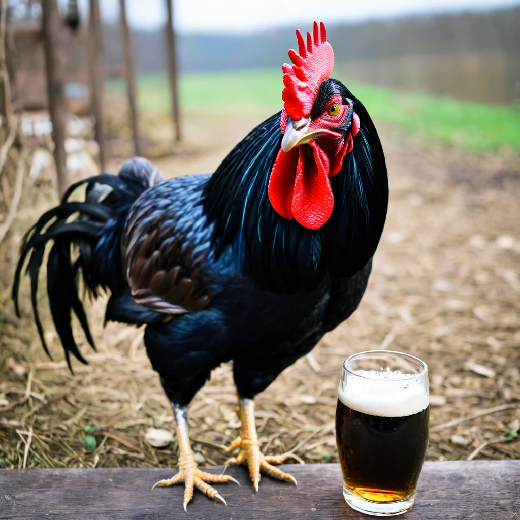 black rooster drinking beer