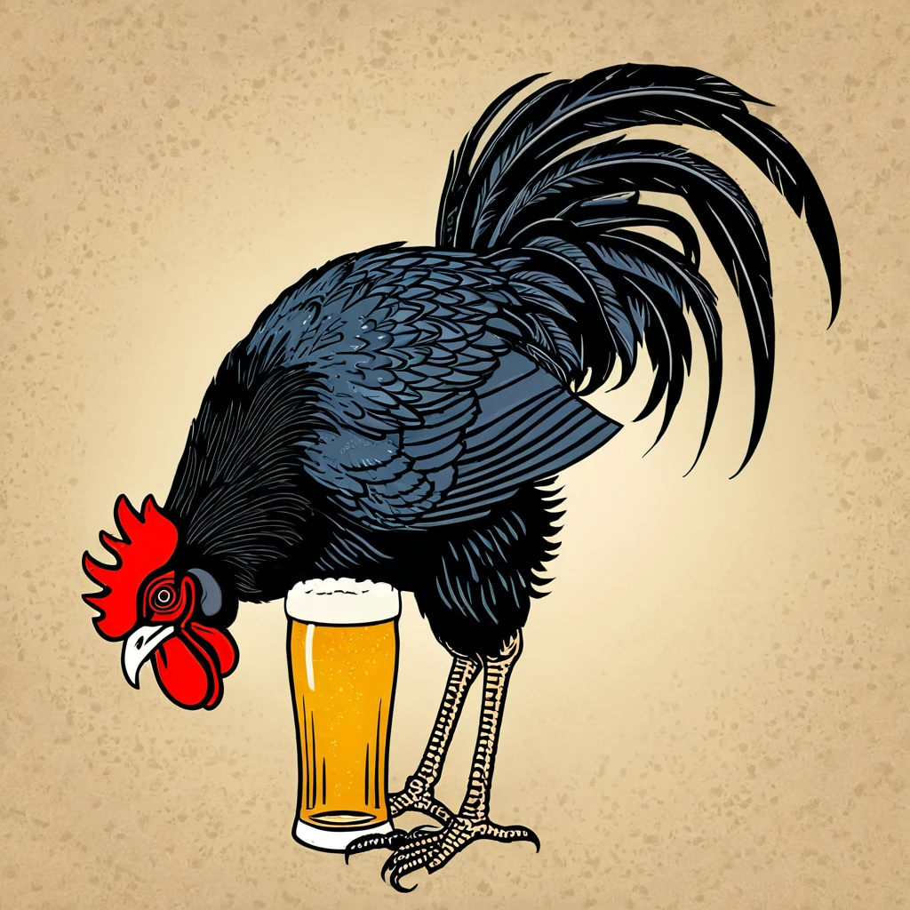 black rooster drinking beer