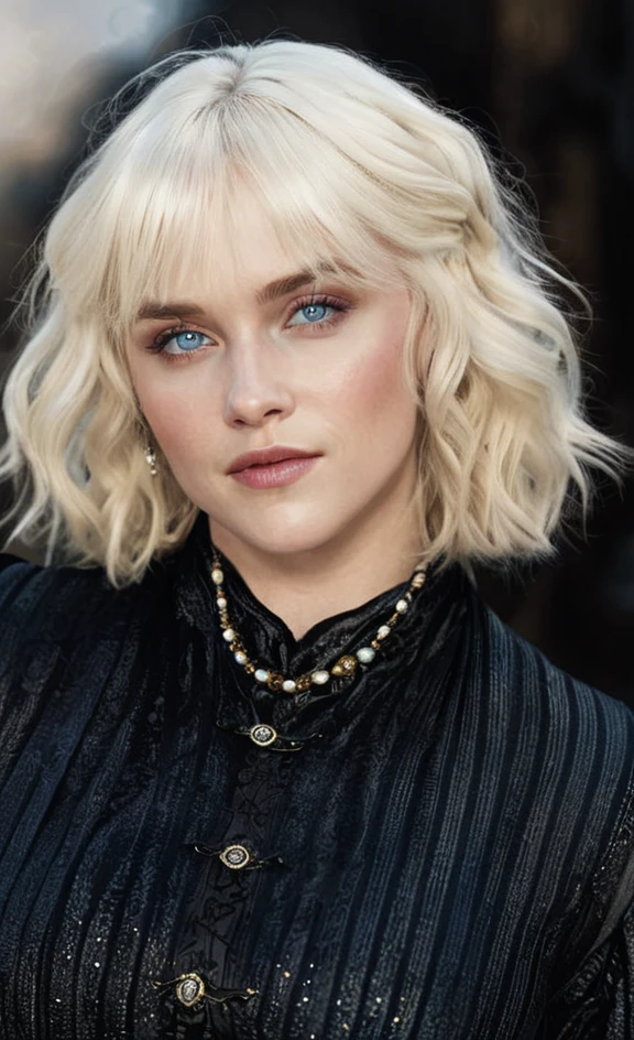 a beautiful woman wearing targaryen colors, intricate detailed dress, piercing blue eyes, long flowing blonde hair, dramatic lighting, cinematic portrait, dramatic composition, fantasy art, digital painting,highly detailed, photorealistic, 8k, best quality, masterpiece