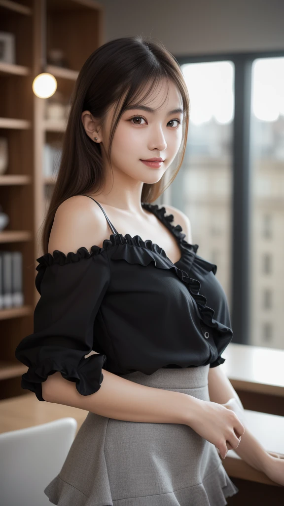 (1girl), (round eyes:1.2), (highly detailed face and eyes), smile, Amazing face and eyes, (frills shirt:1.3), (Best Quality:1.4), (Ultra-detailed), (extremely detailed CG unified 8k wallpaper), Highly detailed, High-definition raw color photos, Professional Photography, Realistic portrait, Amazing face and eyes, indoors, office, (office lady, casual, No sleeve, mini Skirt:1.3), (A moment of relaxation), model, depth of fields, (fine face:1.2),