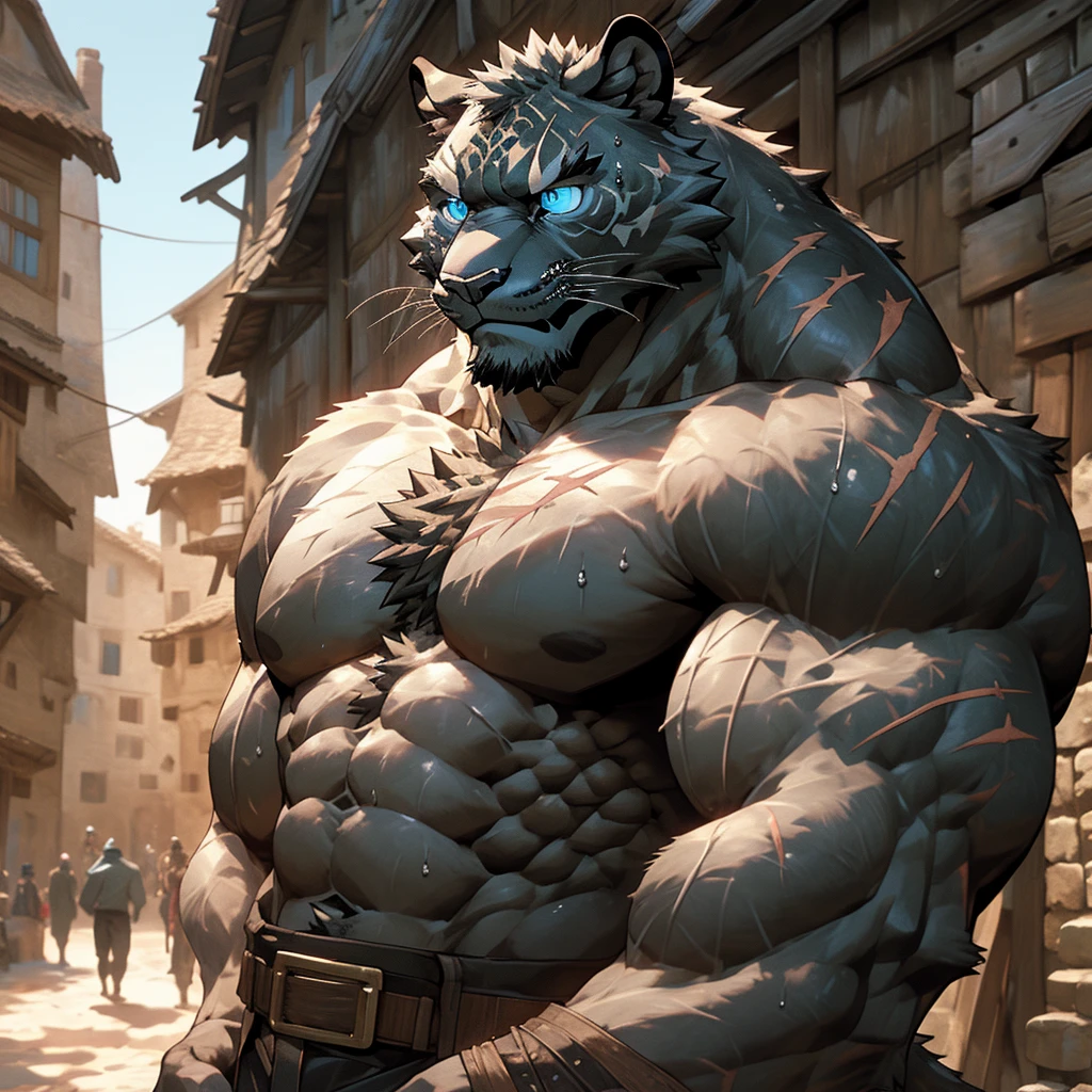 Sweating muscular man in a medieval village,Topless,With furry anthropomorphic chest hair,Serious face(scars in the face) Mature (blue eyes)Big muscles,Ripped abdominal muscles,Wild General,Ambitious,Consider,Uncle vicissitudes,Black Panther
