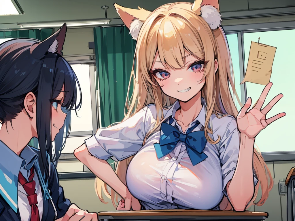 (masterpiece, best quality), NSFW, 1girl, deepthroat, (1man, hetero:1.2), pov, (pov hands:1.3), (grabbing another's head:1.3), (headpat:1.2), (close-up face:1.2), penis, (fellatio, blow job:1.2), paizuri, BREAK Mina((girl, blue sparkling eyes:1.9, cat ears:1.8, silver bob hair:2.5,))(tareme:1.3), sleepy, (half-closed eyes:1.0), sleeping, heavy breathing, steam, frown, open mouth, blush, sweat, tear, BREAK ((school uniform, serafuku):1.0), (white shirt, white sleeves, short sleeves:1.2), (navy sailor collar), (aqua neckerchief:1.2), sleeve lines, bare arms, (open clothes:1.3), shirt lift, nipples, , classroom, naked man, Paiz+irru,