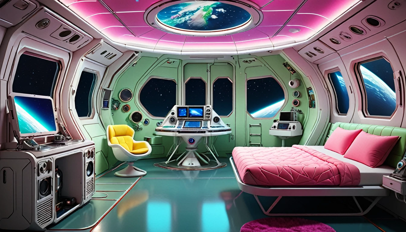 A stunning 3D render of a futuristic cabin within a NASA rocket, crafted with incredible attention to detail and a cozy environment. The cabin is situated in Earth's orbit, with a super comfortable bed featuring wrinkled and white sheets on the right side. On the left side, there's an ornamental closet filled with astronaut clothes and equipment for personal use. The cabin is adorned with a multitude of equipment, including orbital operating machines, atmospheric pressure checking devices, and monitoring equipment with a world map. Large floor-to-ceiling windows are turned with neon lights, adding a charming touch of space ambiance and a breathtaking view of the cosmos. The harmonious blend of colors, typical of a spaceship with predominant blue, green, and pink neon lights, creates an intriguing image reminiscent of a Disney Space film. The, 3d render, vibrant, wildlife photography, ukiyo-e