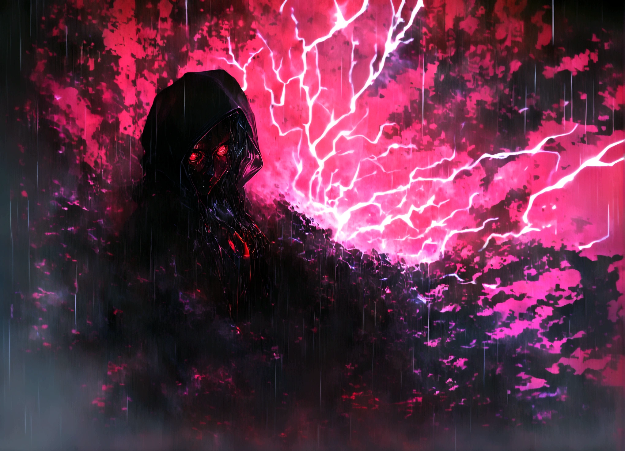 masterpiece, cyborg, The body is a mechanic, Wearing a hood, Shrouded in shadow, , Positano colours, Completely in frame, whole body, Emits electrical energy, whole body, Beautiful anime waifu style man, Ultra-detailed CG paintings, Luminism, Art by Kahn Griffith and Vadim Kashin Concept Art, 8K resolution, Fractal isometric details Bioluminescence , complicatedly detailed , Cinematic, trending on art station Isometric Centered hyper Realistic cover photo awesome full color, Grainy, Realistic, complicated, Hit definition , Cinematic, Bold, Vibrant, amazing, Super high quality model、Being pelted by rain in the dark、Controlling Lightning、Red eyes