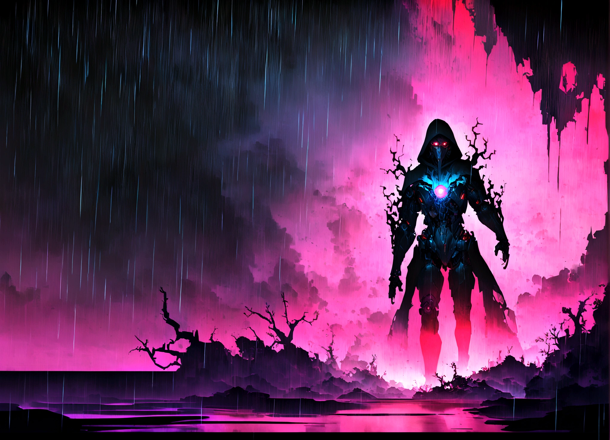masterpiece, cyborg, The body is a mechanic, Wearing a hood, Shrouded in shadow, , Positano colours, Completely in frame, whole body, Emits electrical energy, whole body, Beautiful anime waifu style man, Ultra-detailed CG paintings, Luminism, Art by Kahn Griffith and Vadim Kashin Concept Art, 8K resolution, Fractal isometric details Bioluminescence , complicatedly detailed , Cinematic, trending on art station Isometric Centered hyper Realistic cover photo awesome full color, Grainy, Realistic, complicated, Hit definition , Cinematic, Bold, Vibrant, amazing, Super high quality model、Being pelted by rain in the dark、Controlling Lightning、Red eyes