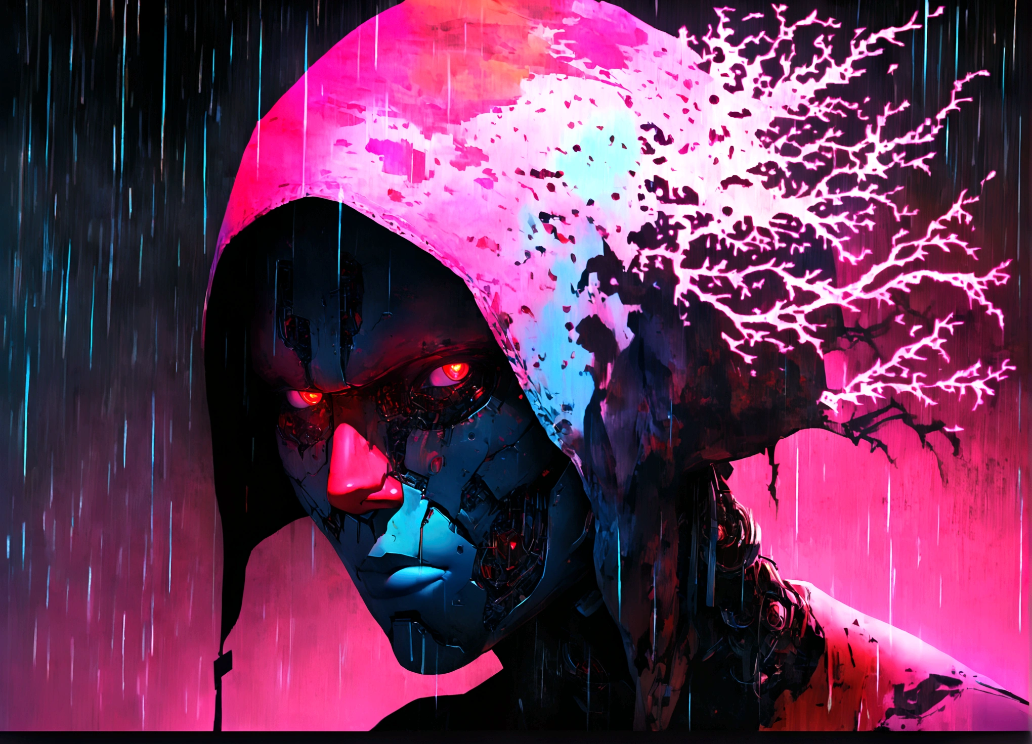 masterpiece, cyborg, The body is a mechanic, Wearing a hood, Shrouded in shadow, , Positano colours, Completely in frame, whole body, Emits electrical energy, whole body, Beautiful anime waifu style man, Ultra-detailed CG paintings, Luminism, Art by Kahn Griffith and Vadim Kashin Concept Art, 8K resolution, Fractal isometric details Bioluminescence , complicatedly detailed , Cinematic, trending on art station Isometric Centered hyper Realistic cover photo awesome full color, Grainy, Realistic, complicated, Hit definition , Cinematic, Bold, Vibrant, amazing, Super high quality model、Being pelted by rain in the dark、Controlling Lightning、Red eyes