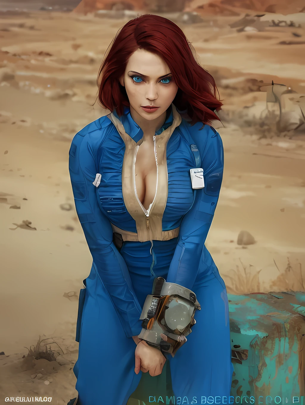 Create a digital art piece featuring Sweetie Fox in the Fallout universe. She stands at 5'5" with a slender yet strong build, sporting her iconic red hair tied back in a practical ponytail. Her piercing blue eyes exhibit a mixture of determination and vulnerability. Dressed in a modified Vault-Tec jumpsuit, she blends practicality with her unique flair, adding elements of her well-know fox cosplay – think pointed ears and subtle fox-like markings. She is armed with a laser rifle slung over her shoulder, and her belt is adorned with pouches and gadgets, ready to face the post-apocalyptic wasteland. The backdrop is a desolate landscape, with remnants of a ruined city behind her, capturing the eerie, yet intriguing essence of Fallout.