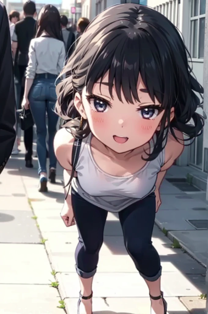 mioakiyama, My Akiyama, Long Hair, bangs, Black Hair, (Iris:1.3), Hime cut happy smile, smile, Open your mouth,blush,Cold shoulder tops,skinny pants,Stiletto heels,Walking,The sun is rising,morning,morning陽,whole bodyがイラストに入るように,
break outdoors, School,courtyard,
break looking at viewer, whole body,
break (masterpiece:1.2), Highest quality, High resolution, unity 8k wallpaper, (figure:0.8), (Beautiful attention to detail:1.6), Highly detailed face, Perfect lighting, Highly detailed CG, (Perfect hands, Perfect ),