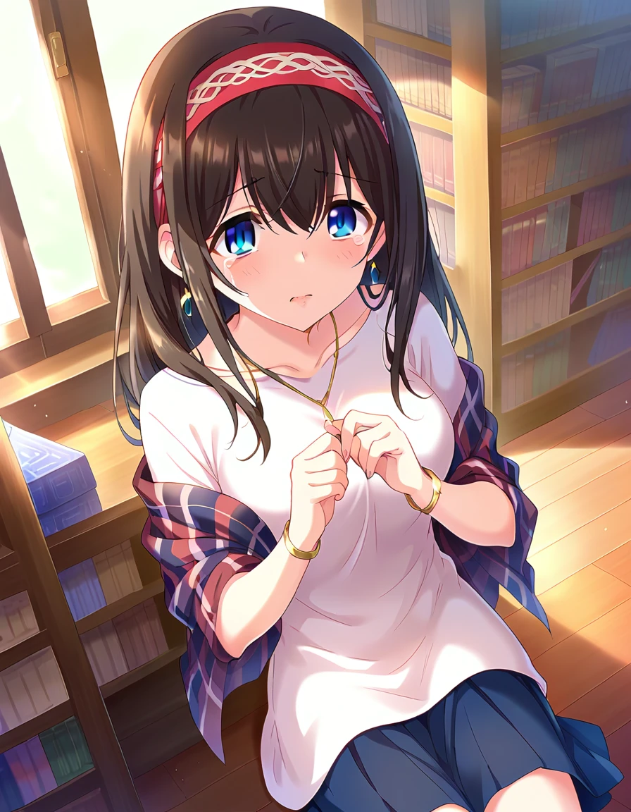 nsfw, score_9, score_8_superior, score_7_superior, sauce_anime,
One girl, Cute Woman, alone, shy,　crying , scared, , (lie on own back), (overhead shot), 
indoor, library, sunlight, window,  Bookshelf, 
 sgswfmk, Long Hair, Brown Hair, Black Hair, Long bangs, (目のsuperiorの髪:1.1), blue eyes, Large Breasts, 
Red Hairband,
lipstick, Fine grain, eyelash, eyeliner, jewelry, necklace, bracelet, Earrings, 
Casual Dresses,  sweater,  Off the shoulder, clavicle,  Long sleeve, Pleated skirt, belt, pantyhose,  Checked shawl,