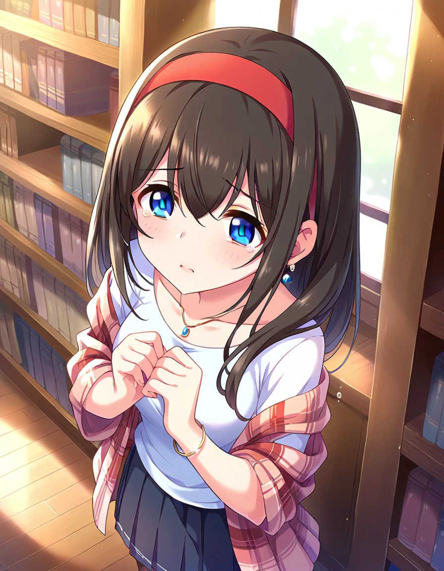 nsfw, score_9, score_8_superior, score_7_superior, sauce_anime,
One girl, Cute Woman, alone, shy,　crying , scared, , (lie on own back), (overhead shot), 
indoor, library, sunlight, window,  Bookshelf, 
 sgswfmk, Long Hair, Brown Hair, Black Hair, Long bangs, (目のsuperiorの髪:1.1), blue eyes, Large Breasts, 
Red Hairband,
lipstick, Fine grain, eyelash, eyeliner, jewelry, necklace, bracelet, Earrings, 
Casual Dresses,  sweater,  Off the shoulder, clavicle,  Long sleeve, Pleated skirt, belt, pantyhose,  Checked shawl,