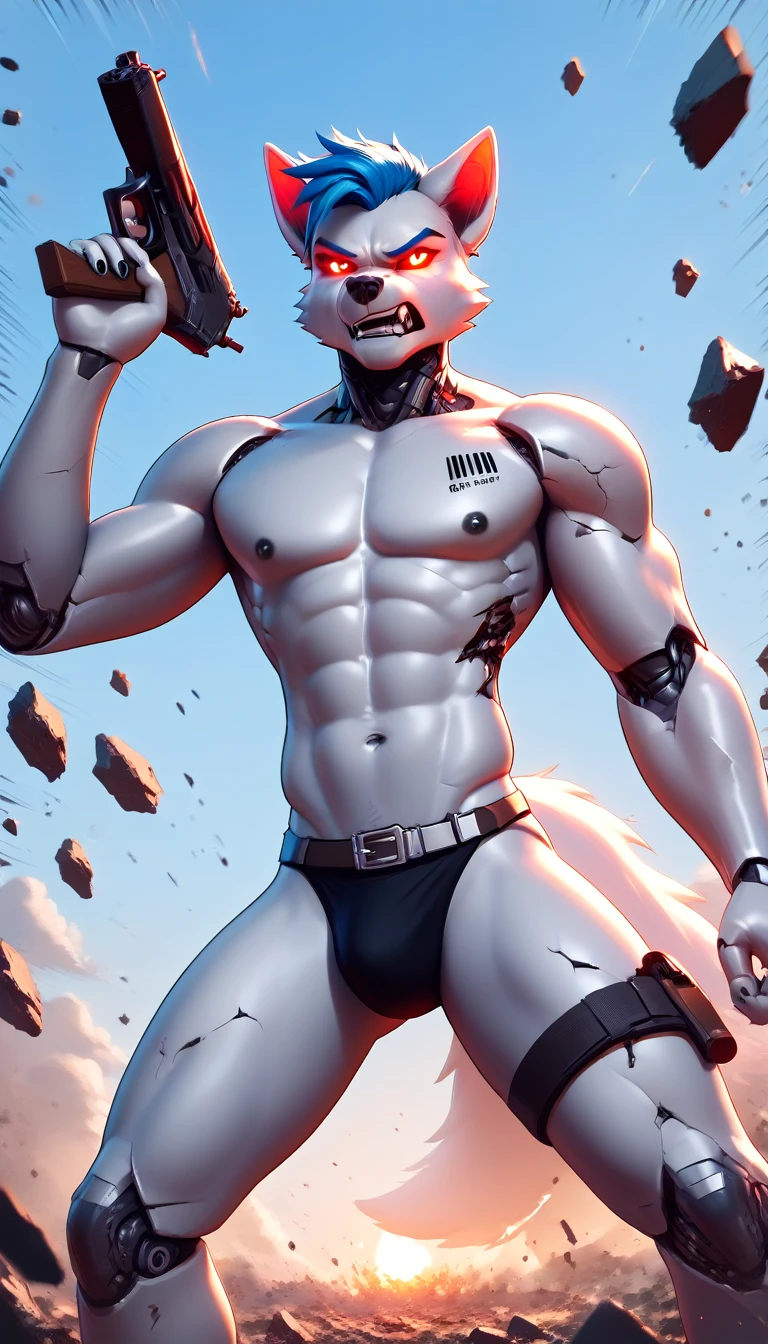 (score_9, score_8_up, score_7_up, score_6_up) BREAK (furry, source furry, uploaded on e621) BREAK robot, android, android skin, barcode tattoos, barcode tattoos on the body, (broken neck:1.2, damaged belly:1.2, cracked arms:1.2), cracked chest, solo, male, young, nude, athletic, thin waist, white arctic fox, white fur, short messy dark blue hair, cute young face, talking, black mouth, canine teeth, glowing red robotic eyes, hard nipples, black speedo, belt, holster, mechanical components, blue mechanical parts, gun, holding gun, hand holding gun, fight, fighting, fighting in the battle, battle, battleground, battleground background, angry expression, looking away, BREAK good quality, best quality, high quality, high definition, hd, 4k, 8k, masterpiece, good proportion, perfect proportion, good anatomy, perfect anatomy 