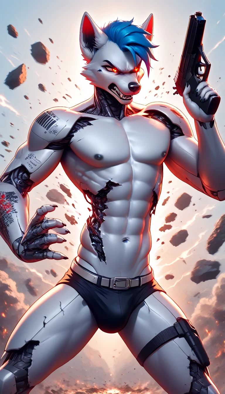 (score_9, score_8_up, score_7_up, score_6_up) BREAK (furry, source furry, uploaded on e621) BREAK robot, android, android skin, barcode tattoos, barcode tattoos on the body, (broken neck:1.2, damaged belly:1.2, cracked arms:1.2), cracked chest, solo, male, young, nude, athletic, thin waist, white arctic fox, white fur, short messy dark blue hair, cute young face, talking, black mouth, canine teeth, glowing red robotic eyes, hard nipples, black speedo, belt, holster, mechanical components, blue mechanical parts, gun, holding gun, hand holding gun, fight, fighting, fighting in the battle, battle, battleground, battleground background, angry expression, looking away, BREAK good quality, best quality, high quality, high definition, hd, 4k, 8k, masterpiece, good proportion, perfect proportion, good anatomy, perfect anatomy