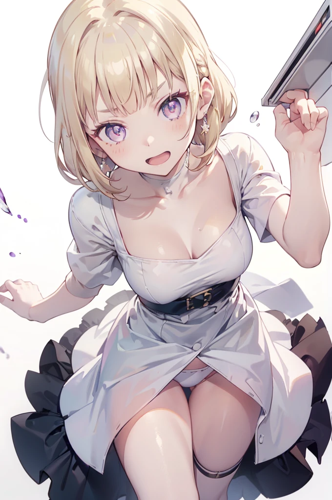 1 girl ,(from above:1.2),purple color hair、Purplish pink eyes that dreamers desire, (Blonde hair) , small stature, Colossal tits, Lori, (masutepiece:1.2, Best Quality), (finely detailed beautiful eye: 1.2), (beautifull detailed face), (Best Illumination, extremely delicate and beautiful), ((Cinematic Light)), Dramatic light, (Pale white background:1.5), Short bob hair（1:3）、Ultra Contrast、Braid a little around the ears, White long dress、only has 5 fingers、、Her  is visible through the white 、Wet pants、You can see inside your 、full of sweat、mocking look、、nffsw,Arms crossed、grab the arm、Shoot from above、The angle is as seen from below.、Best Quality、Large breastuscular 、Pubic hair,high-level image quality、hightquality、8K,perfect hand、5 fingers、finger pin、Perfect Finger、T back、、noise cut、bullet hand、Her hair color should have been a brighter purple.The skirt part is also carefully expressed..、Purple skirt、the skirt is floating in the wind、Dark purple 、Pubic hair majority,A scene of make cooking Carbonara Pasta in the kitchen,(with sparkling eyes and a contagious smile),open mouth, Looking at Viewer, 