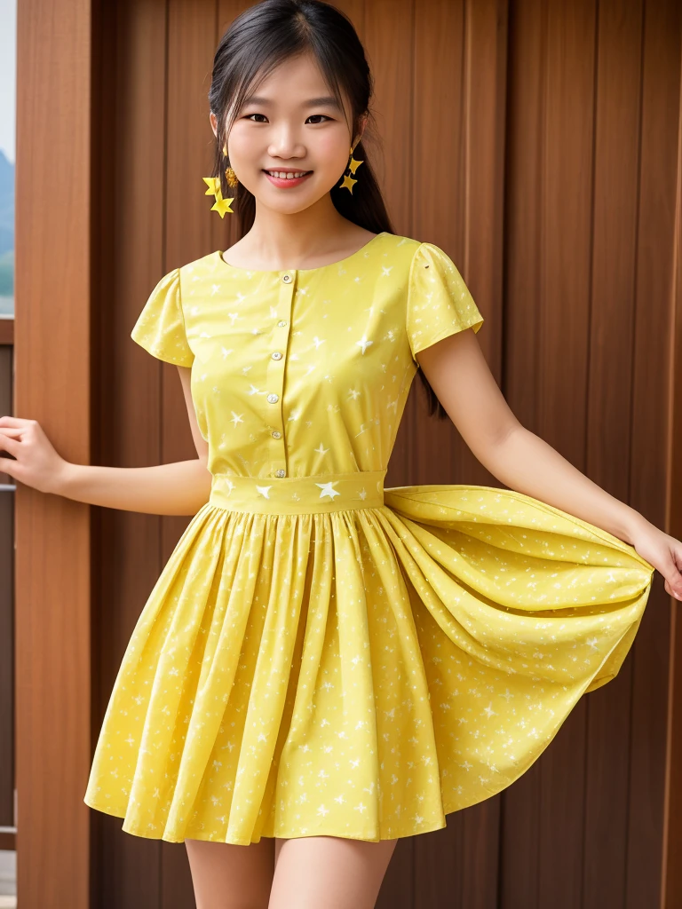 (Masterpiece:1.6),(best quality:1.6), (Ultra high resolution1.2),สัดส่วนที่perfect,The face is very clear.,perfect,The pattern is yellow stars.,Yellow dress pattern with bat shadow pattern on the skirt and shirt.,short skirt above the mountain,happy smile,womanคนเดียว,Bright face,The eyes inside are heart shaped.,The outfit isn't revealing.,puffy sleeves,full body,woman,ผมสีชมพูม่วง,ผมข้างหน้าประบ่า,ผมข้างหลังถักเปียยาว,ตาสีชมพูม่วง,คิวสีชมพูม่วง
