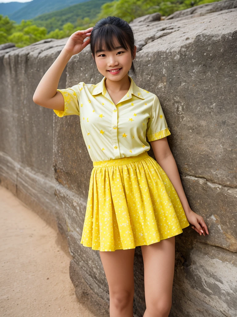 (Masterpiece:1.6),(best quality:1.6), (Ultra high resolution1.2),สัดส่วนที่perfect,The face is very clear.,perfect,The pattern is yellow stars.,Yellow dress pattern with bat shadow pattern on the skirt and shirt.,short skirt above the mountain,happy smile,womanคนเดียว,Bright face,The eyes inside are heart shaped.,The outfit isn&#39;t revealing.,puffy sleeves,full body,woman,ผมสีชมพูม่วง,ผมข้างหน้าประบ่า,ผมข้างหลังถักเปียยาว,ตาสีชมพูม่วง,คิวสีชมพูม่วง