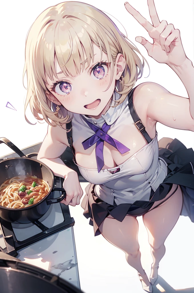 1 girl ,(from above:1.2),purple color hair、Purplish pink eyes that dreamers desire, (Blonde hair) , small stature, Colossal tits, Lori, (masutepiece:1.2, Best Quality), (finely detailed beautiful eye: 1.2), (beautifull detailed face), (Best Illumination, extremely delicate and beautiful), ((Cinematic Light)), Dramatic light, (Pale white background:1.5), Short bob hair(1:3)、Ultra Contrast、Braid a little around the ears, White long dress、only has 5 fingers、、Her pussy is visible through the white thong、Wet pants、You can see inside your underwear、full of sweat、mocking look、diaper、nffsw,Arms crossed、grab the arm、Shoot from above、The angle is as seen from below.、Best Quality、Large breastuscular pussy、Pubic hair,high-level image quality、hightquality、8K,perfect hand、5 fingers、finger pin、Perfect Finger、T back、Naked、noise cut、bullet hand、Her hair color should have been a brighter purple.The skirt part is also carefully expressed..、Purple skirt、the skirt is floating in the wind、Dark purple panties、Pubic hair majority,A scene of make cooking Carbonara Pasta in the kitchen,(with sparkling eyes and a contagious smile),open mouth, Looking at Viewer,