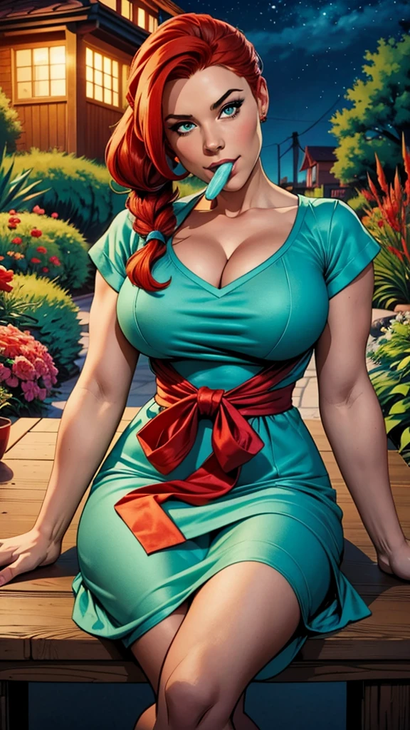 A girl in an elegant turquoise dress is sitting on a table. she has pigtails and red hair. Busty. A garden at night. Comic style. Hd image. Marvel comics. Front pose. she has a lollipop in her mouth. she is hooked up with another woman