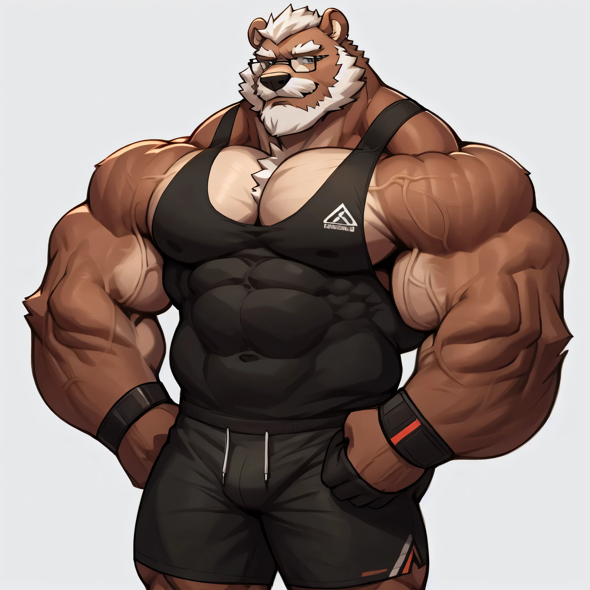 solo, 1boy, Huge Muscular Old Grizzly Bear wearing glasses , pectoral, huge pectoral, wide pectoral, short white hair, short pants, black wristbands and ripping off his tank top , bearded, Mustache, simple background, masterpiece, high detailed, 8k, high resolution, at the gym, flexes his huge bulging god-like muscles, veins popping