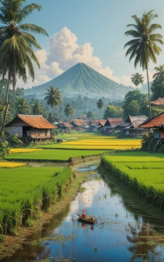 Beautiful Indonesian landscape, paddy rice field by Richard Scarry, (best quality, masterpiece, Representative work, official art, Professional, Ultra intricate detailed, 8k:1.3)