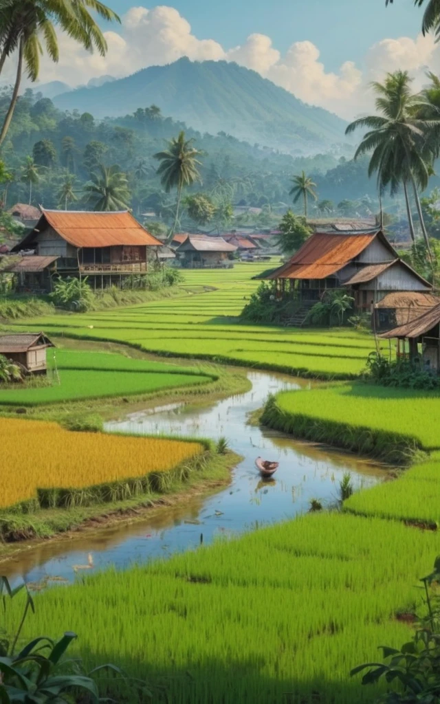 Beautiful Indonesian landscape, paddy rice field by Richard Scarry, (best quality, masterpiece, Representative work, official art, Professional, Ultra intricate detailed, 8k:1.3) 