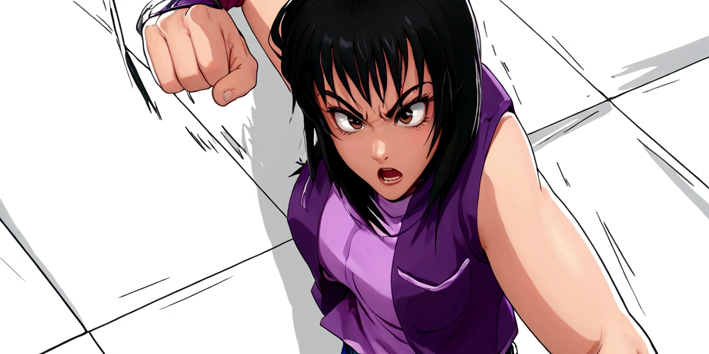 anime girl with black hair and purple shirt punching at a wall, heavy gesture style closeup, saiyan girl, fubuki, anime style hyper detailed, aggressive pose, inspired by Akira Toriyama, akira toriyama style, inspired by Tsubasa Nakai, in japanese anime style, misato katsuragi, fighting pose, cell shaded adult animation, real