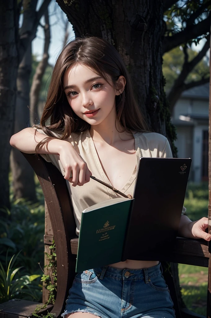 work of art, best qualityer, ultra detali), portrait of an 18 year old woman with light brown hair, rolled green eyes, beige blouse and jeans smiling and blue shorts sung under a tree (leaning against the tree) and reading a brown book -auto ultra realistic -