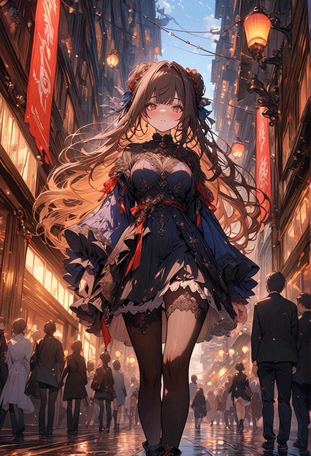 ((masterpiece:0), best quality, very aesthetic, newest, absurdres, detailed, high quality)
BREAK
highest quality, top quality, details, highres, ultra fine painting, digital art, official art, cinematic, 4k, 8k resolution, 8K CG wallpaper, CG, original artwork, detailed background, colorful background, blue atmosphere, High Dynamic Range, blurry background, blue hour, Starburst effects, crepuscular rays, good ISO, high resolution, wide shot, from far away, RAW photo, POV, sharp focus, light reflection, reflections, intricate details, soft light, particle noise, professional photography, bokeh, depth of field, natural lighting, vibrant colors, looking away, detailed lights and shadows, stylish, ultra-detailed, top rated on Pixiv, trending on Artstation, niji style, modern-days, master crafted, pose
BREAK
solo, 1girl, a girl, correct fingers, detailed hair, (medium big breasts:1.2), big thighs, short torso, short body, flushtered, blush, anxious expression, casual, slim, ((cute, childlike face):1.3), nice hips, nice body, brown hair, (long flowing hair:1.1), big 2 buns hairstyle, long bangs, long hair, middle hair bangs, brown eyes
BREAK
((colorful outfit), off shoulder crop top, short skirt, headphone, jacket, casual cap, belts, straps, choker, gloves, boots, (stockings), garterbelt, accessories, outfit ornaments, sneakers, kemonomimi, 1 tail, correct tail, (full body))
BREAK
a person walking down a street with a crowd of people, crowded street, crowded streets, in front of a large crowd, giant crowd, girl walking through city, people walking down a street