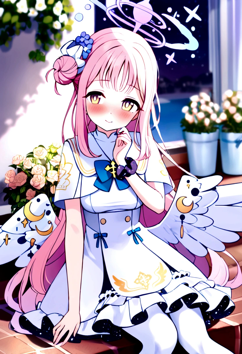 1girl, mika \(blue archive\), solo, scrunchie, wings, pink hair, wrist scrunchie on left hand, flower, dress, hair ornament, long hair, head rest, yellow eyes, white dress, day, white pantyhose, hair bun, single side bun, hair flower, white wings, halo, blush, bangs, crescent, low wings, frilled dress, potted plant, outdoors, angel wings, star \(sky\), sky, frills, pantyhose, blurry background, very aesthetic, absurdres