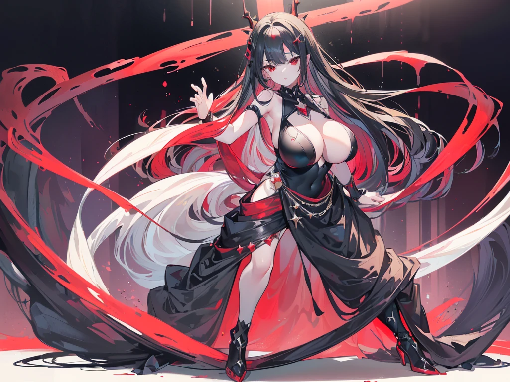 (Exquisite eyes),(Clear and beautiful eyes:1.61),masterpiece, ung girl,(Black clothes and some red gems), Black long hair, (She has a huge red gem on her chest), Good Hand,((The Havoc of StarCraft)),full-body shot,Fighting Stance,(Red Eyes:1.466),short and small,(Very big breasts:1.35),(Pretty Face),(full-body shot:1.33),Beautiful hands