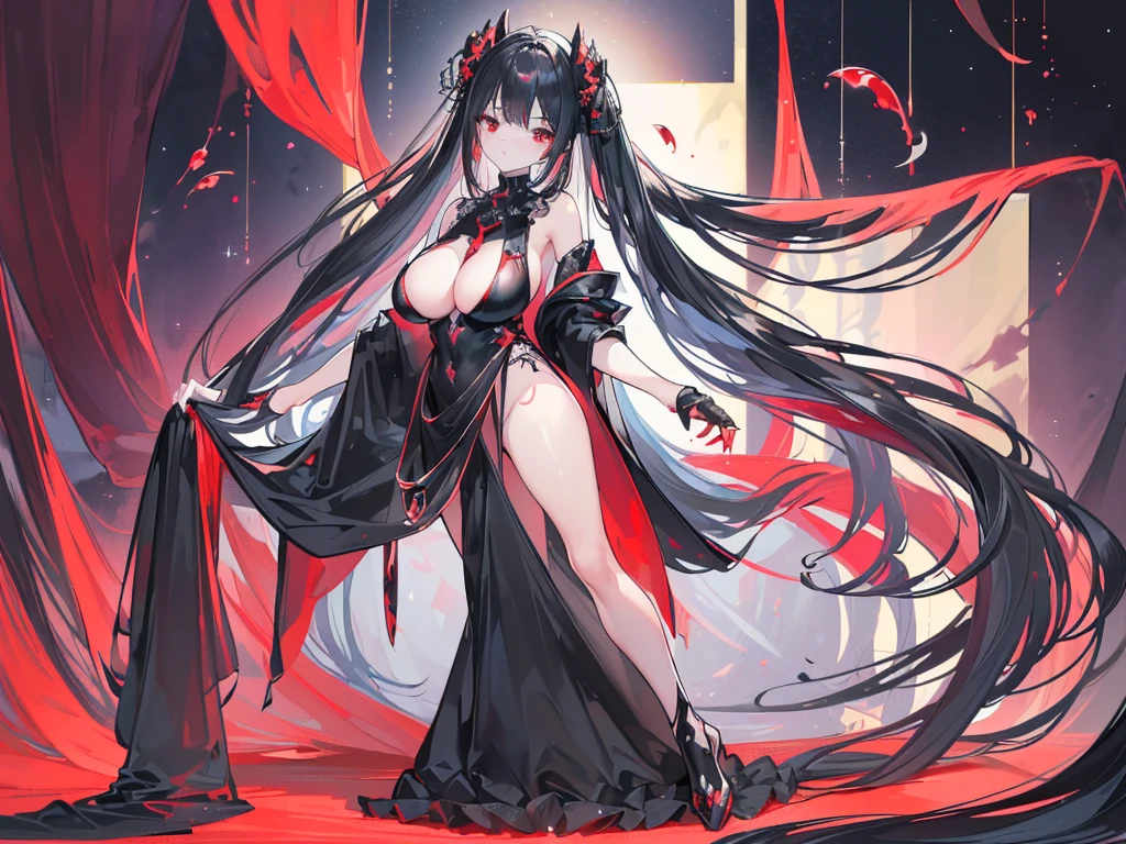 (Exquisite eyes),(Clear and beautiful eyes:1.61),masterpiece, ung girl,(Black clothes and some red gems), Black long hair, (She has a huge red gem on her chest), Good Hand,((The Havoc of StarCraft)),full-body shot,Fighting Stance,(Red Eyes:1.466)，short and small,(Very big breasts:1.35),(Pretty Face),(full-body shot:1.33),Beautiful hands